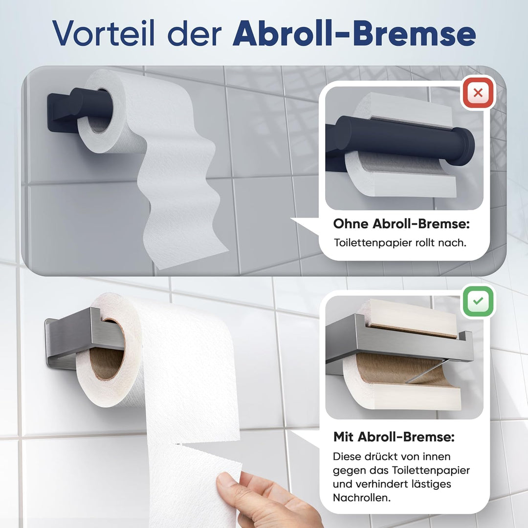 WOHNHELD® Toilettenpapierhalter ohne Bohren [Mit Abroll-Bremse] Edelstahl - Silber & Schwarz - Kloro