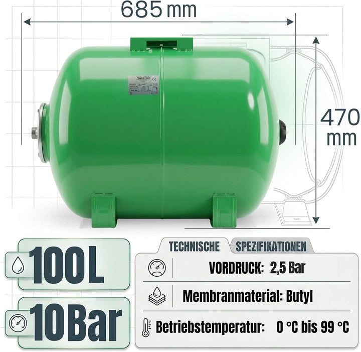 CHM GmbH® 100 L Membrankessel Druckkessel Stahltank Hauswasserwerk Druckbehälter max. 8 Bar Druck
