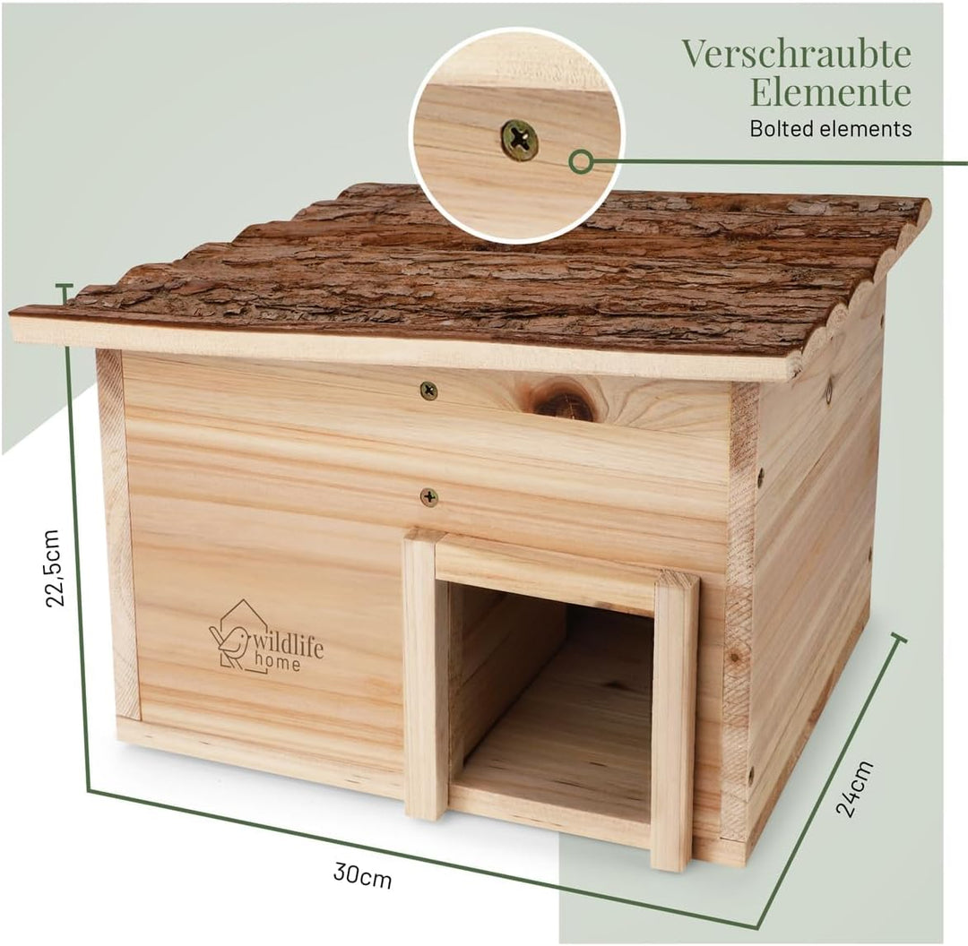 wildlife home Igelhaus Winterfest aus Holz mit Boden & wetterfestem Rindendach I Igelfutterhaus I Ka