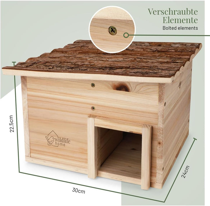 wildlife home Igelhaus Winterfest aus Holz mit Boden & wetterfestem Rindendach I Igelfutterhaus I Ka