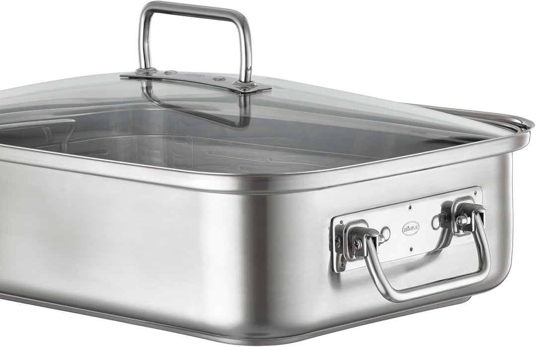 RÖSLE EXPERTISO Bräter rechteckig, Hochwertiger Bräter mit Glasdeckel, Edelstahl 18/10, backofengeei