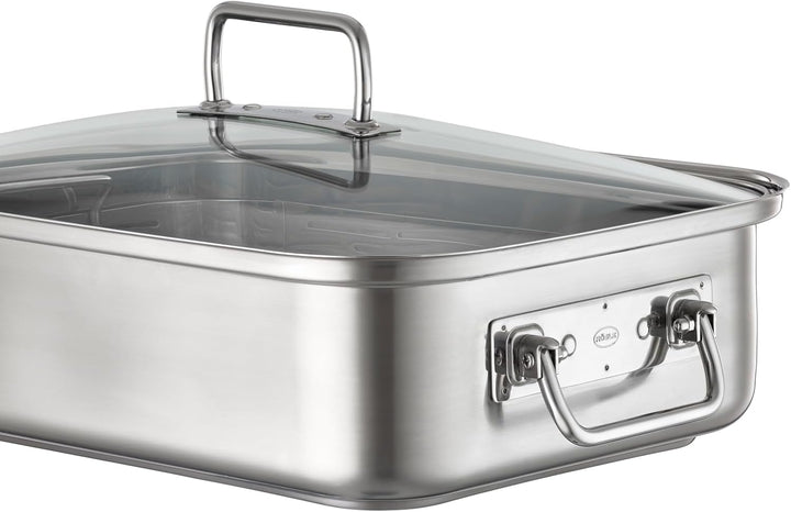 RÖSLE EXPERTISO Bräter rechteckig, Hochwertiger Bräter mit Glasdeckel, Edelstahl 18/10, backofengeei