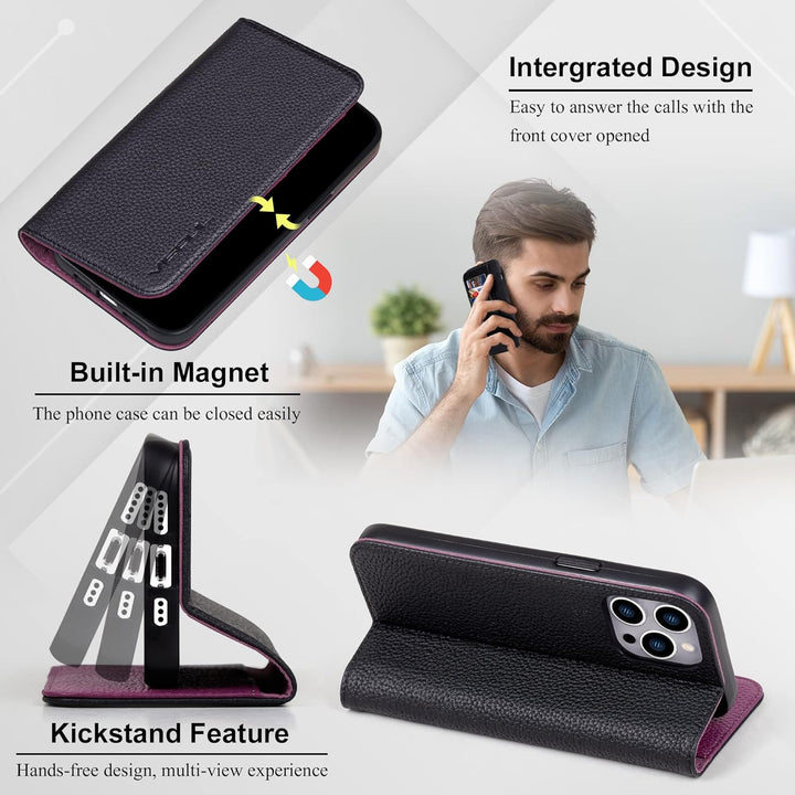 VISOUL Hülle für iPhone 13 Pro, Schutzhülle [Echt Leder] [Schützt vor Stoss] [Kartenfach] [Magnetver