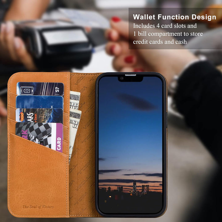 VISOUL iPhone 14 Plus Hülle, Handyhülle [100% Carbon Leder] [RFID Schutz] [Schützt vor Stoss] [Stand