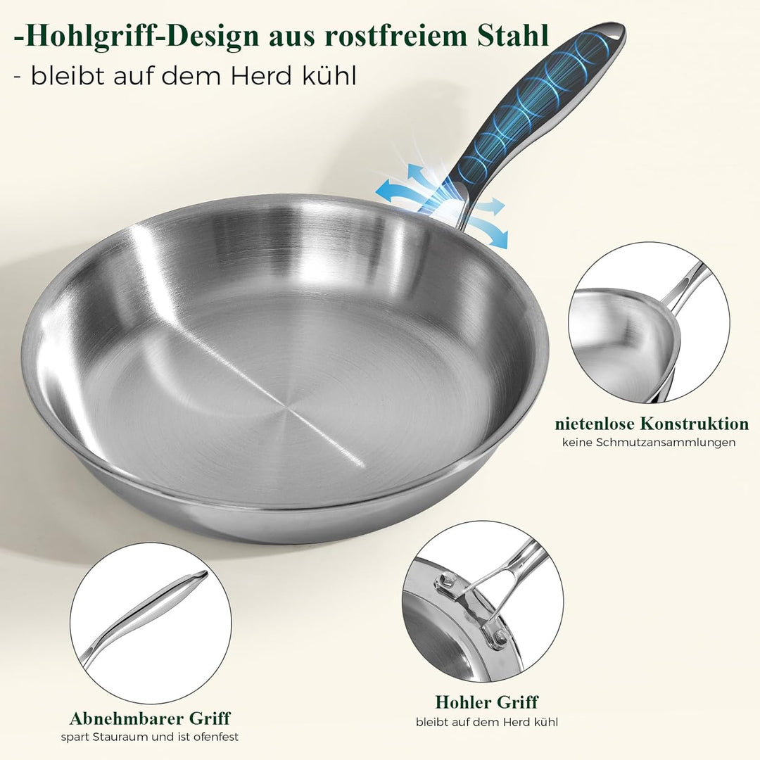 Deedro Bratpfanne 28cm Induktion, Edelstahlpfanne unbeschichtet für alle Herdarten, Induktionspfanne
