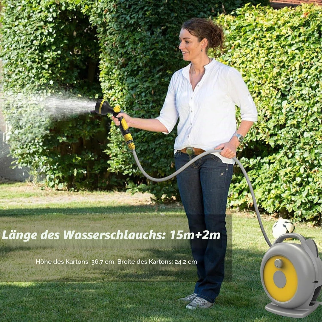 Garten Schlauchtrommel, Mobile Einziehbarer Gartenschlauch, Schlauchaufbewahrung mit 10-Funktionen-M