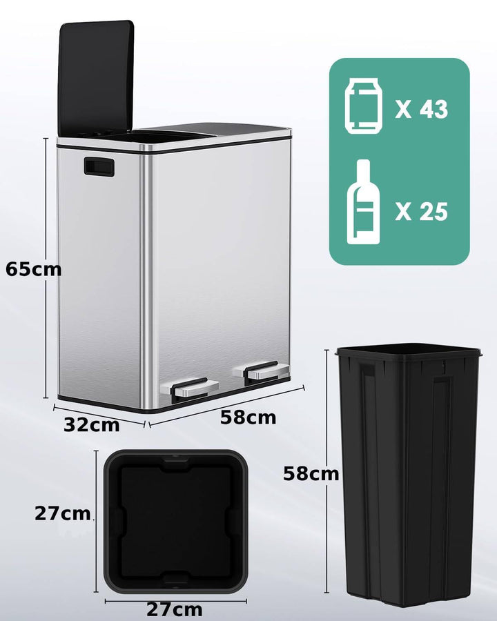 Clevich Mülleimer Küche, 2 x 30 Liter, 2 Fächer, Mülltrennsystem 60L, 2 pcs Kunststoff Inneneimer, S