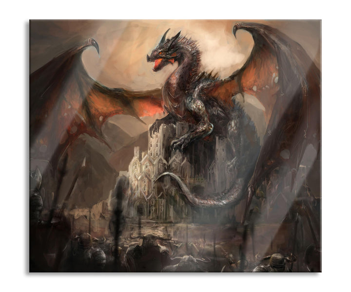 Drache schützend über Burg Herdabdeckplatte & Spritzschutz aus Echtglas | Für Herd-Kochfelder | 60x5