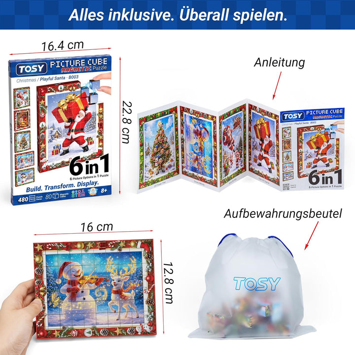 TOSY Picture Cube Playful Santa: 6-in-1 magnetisches Bilderpuzzle, 80 Blöcke, 480 Puzzleflächen, 0.6