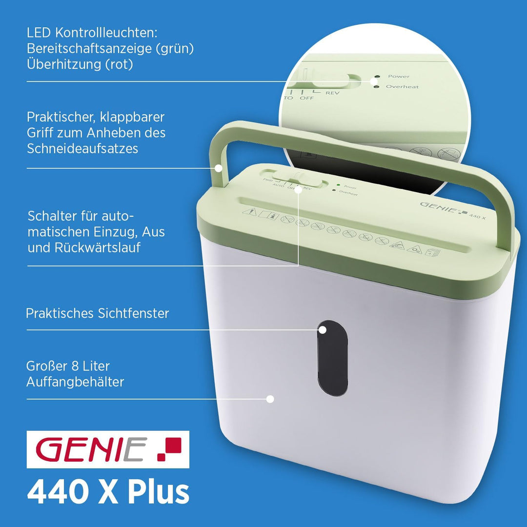GENIE 440 X Aktenvernichter | Partikelschnitt 4x38 mm | Sicherheitsstufe P-4 | Leise 72 dB | Kompakt