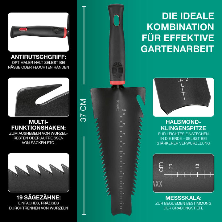 EASYmaxx 4 in 1 Wurzelschaufel & 2 in 1 Spatengabel mit Wurzelsäge im Set | Multifunktionsschaufeln