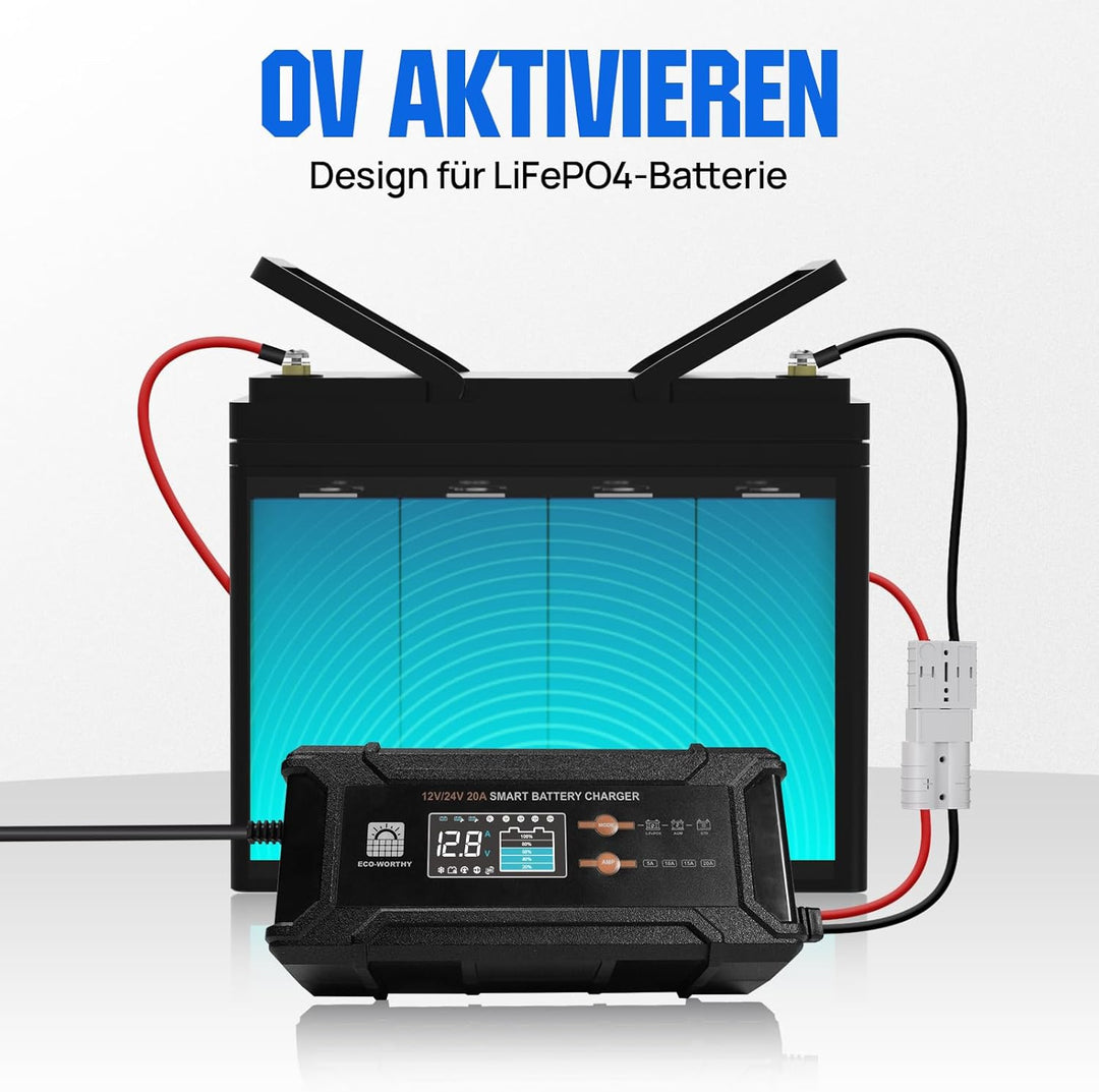 ECO-WORTHY 12V/24V 20A LiFePO4 Batterieladegerät mit Multi-Current Optionen 5A/10A/15A/20A,automatis