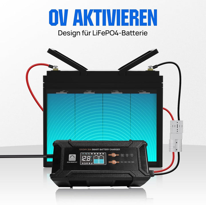 ECO-WORTHY 12V/24V 20A LiFePO4 Batterieladegerät mit Multi-Current Optionen 5A/10A/15A/20A,automatis