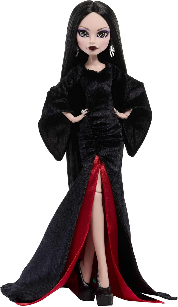 Monster High x Wednesday Puppe, Morticia Addams Sammelfigur im schwarz-purpurrotem Samtkleid mit Sch