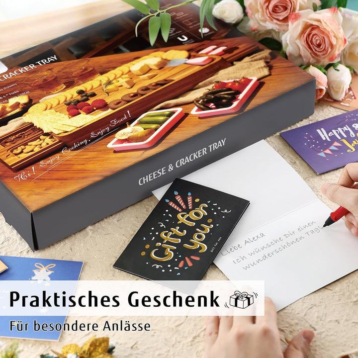 hecef Käseplatte Holz, Grosses käsebrett mit messern, Dessertgabeln, 2 Magnet-Schubladen & rosa Sili