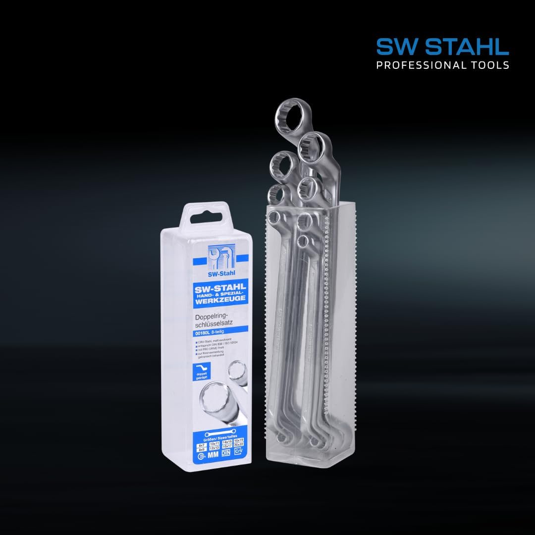 SW-Stahl 00180L Doppelringschlüssel-Satz 6-22 mm, 8-teilig tief gekröpft I Ringschraubenschlüssel I