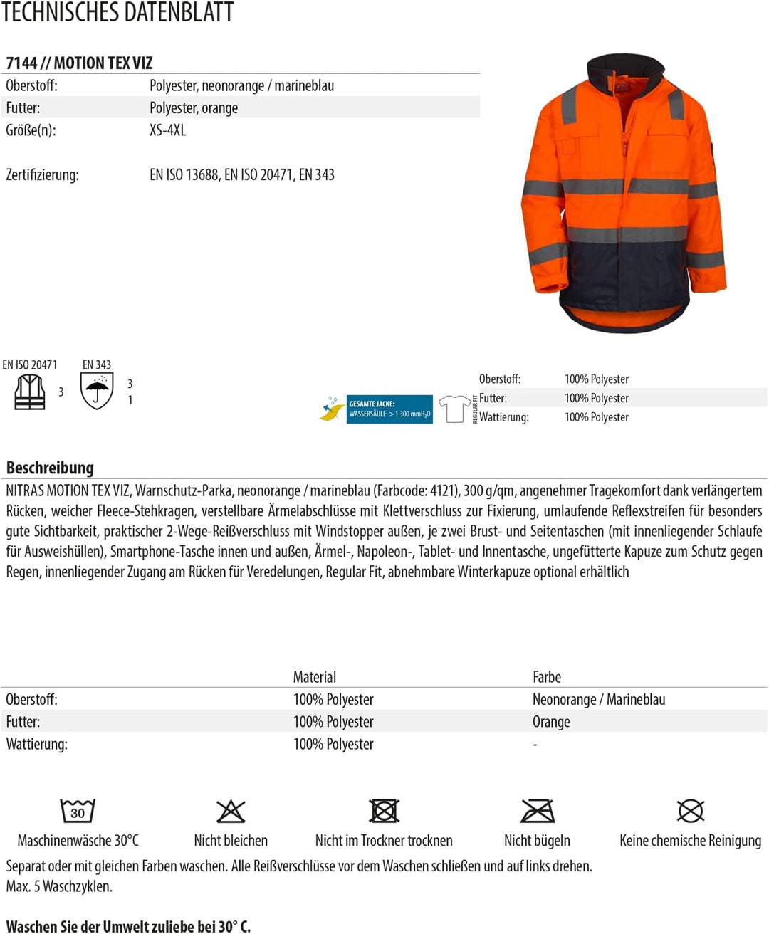 Nitras Warnschutz Parka MOTION TEX VIZ (Farbe: orange/blau; Grösse: L)