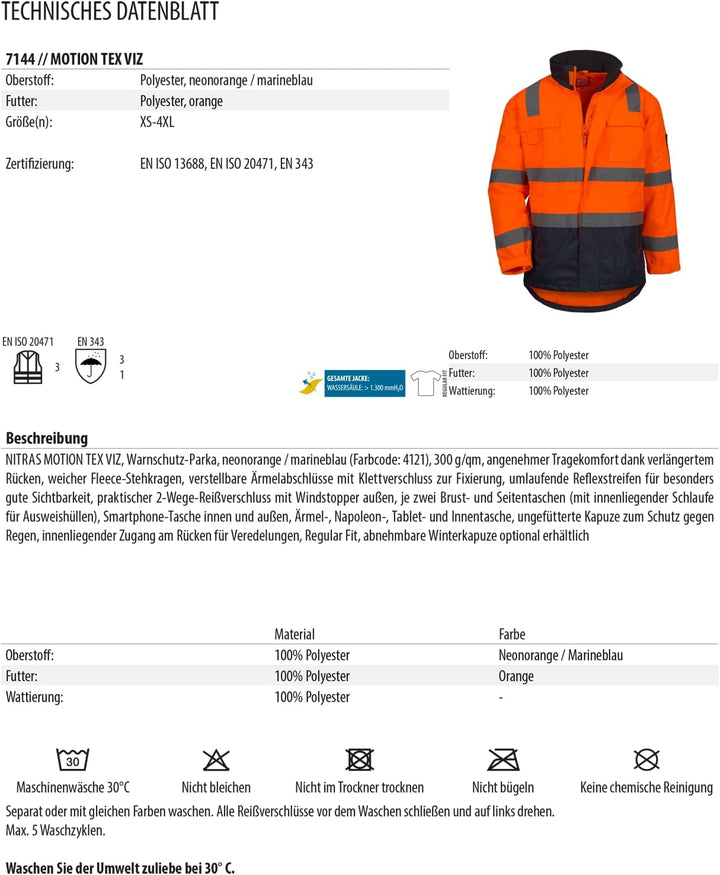 Nitras Warnschutz Parka MOTION TEX VIZ (Farbe: orange/blau; Grösse: L)