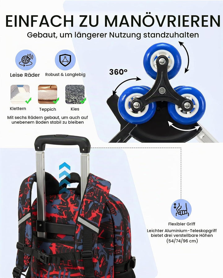 Amythe Schulrucksack mit Rollen für Jungen, Grosser Leuchtstoff Trolley-Rucksack mit 6 Räder, Wasser