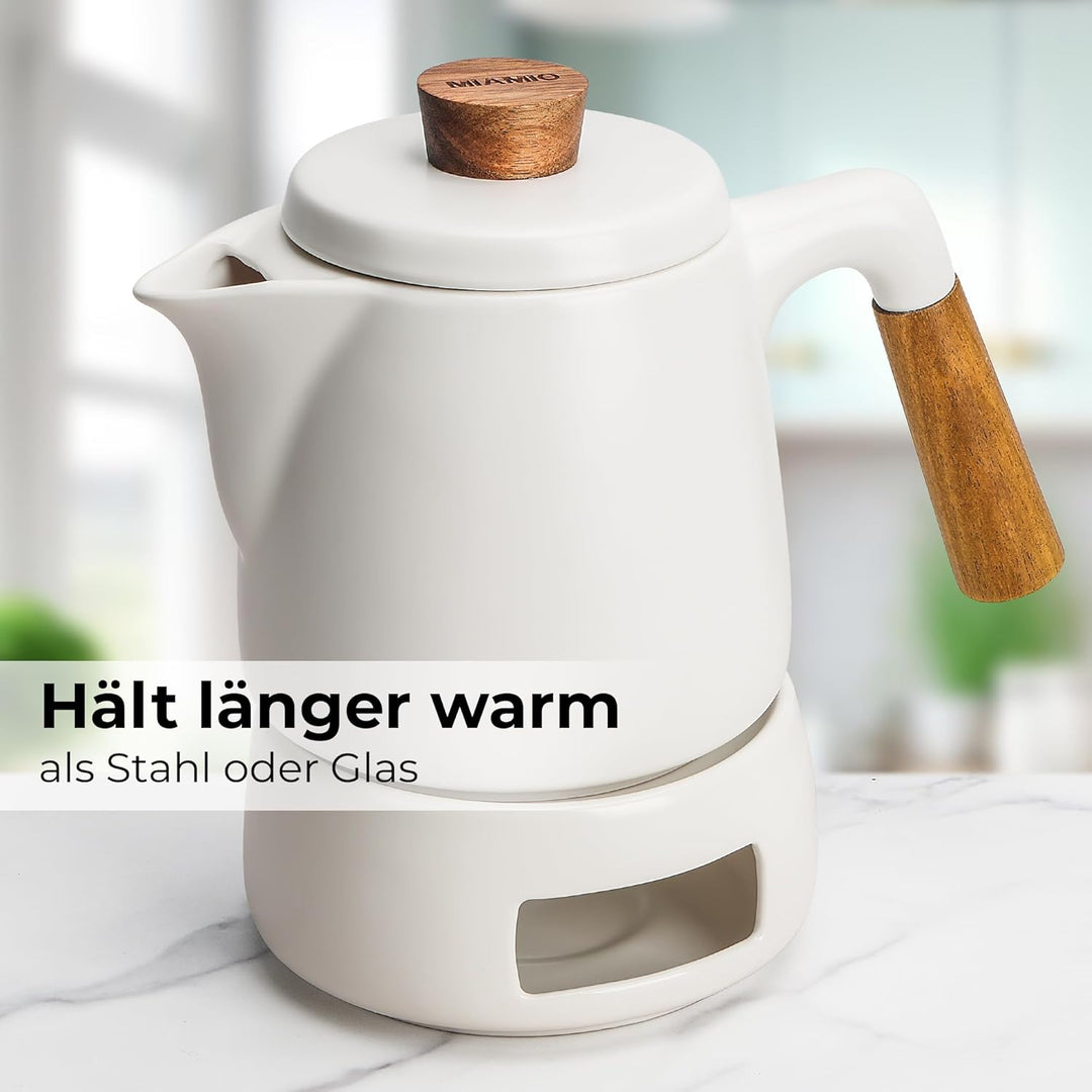 MIAMIO - Teeservice mit Teekanne Keramik (1 l) mit Stövchen (Weiss) | Teeset Teekanne &amp; Stövchen, Te