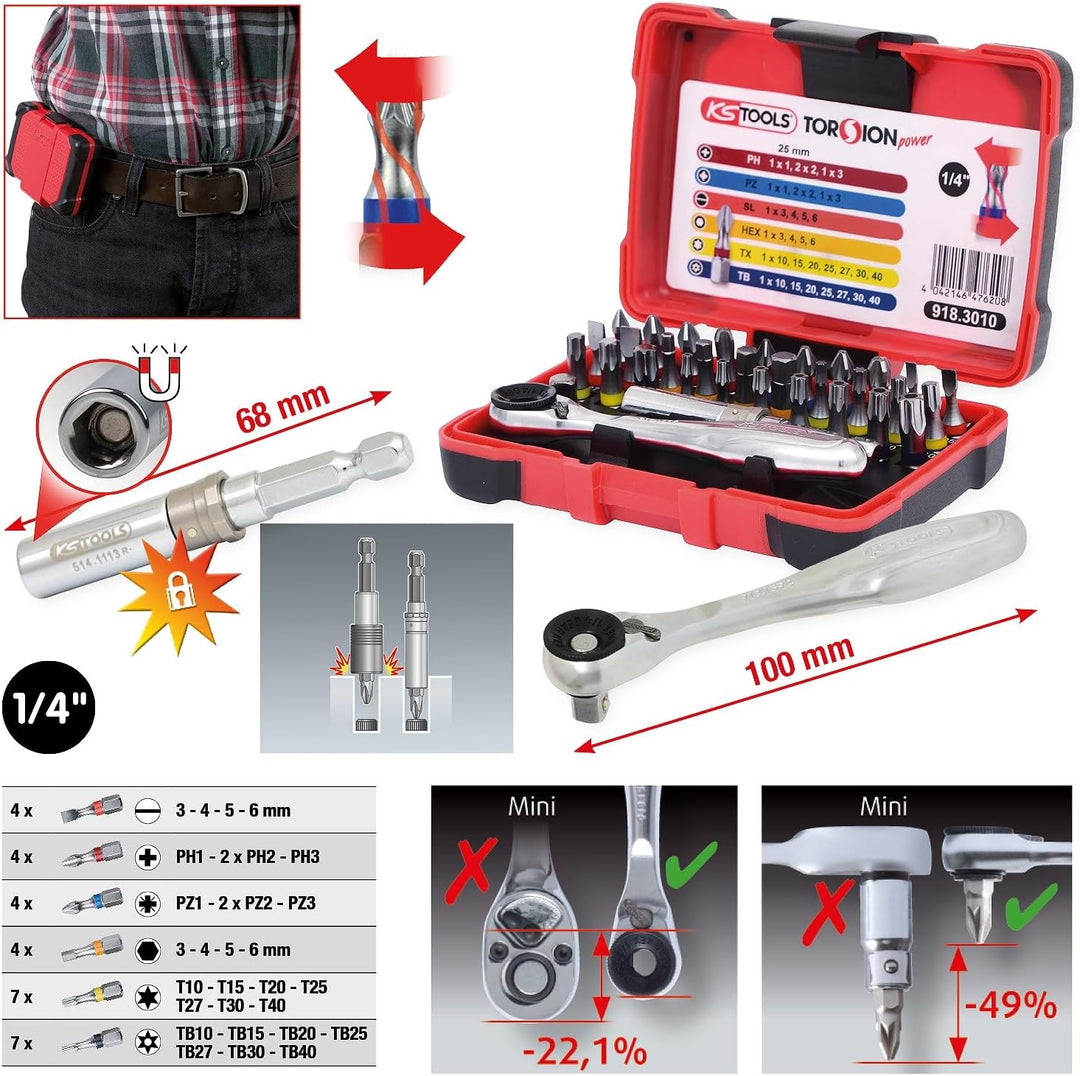 KS Tools 918.3010 1/4" TORSIONpower Bit-Box, 32-teilig, Bitbox für Handbetätigung und Elektroschraub