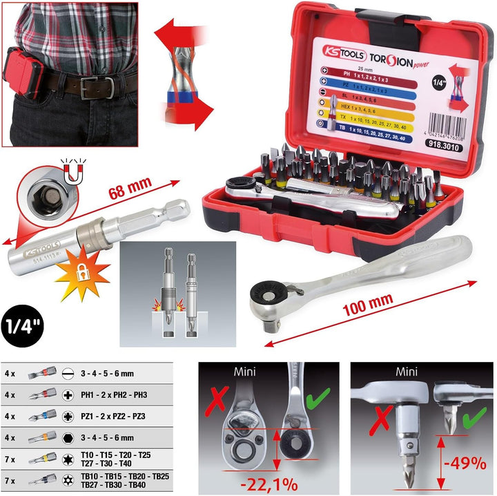 KS Tools 918.3010 1/4" TORSIONpower Bit-Box, 32-teilig, Bitbox für Handbetätigung und Elektroschraub