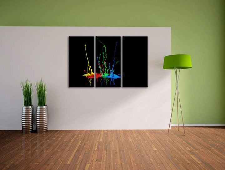 Dark bunte Farbspritzer schwarz/weiss 3-Teiler Leinwandbild 120x80 Bild auf Leinwand, XXL riesige Bi