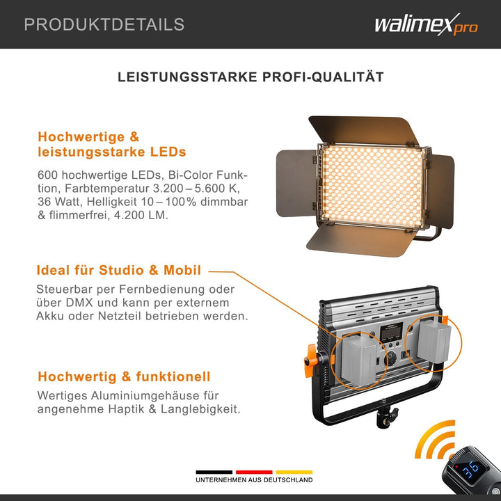 Walimex pro dimmbare LED Flächenleuchte Niova 600 Plus Bi-Color + Akku Slots I Videoleuchte &amp; Fotoli