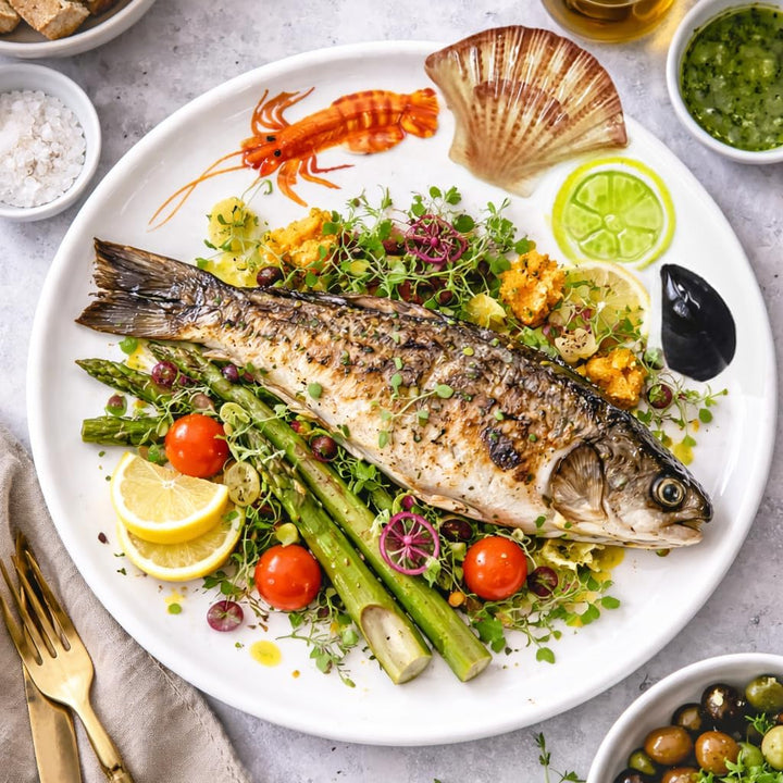 Lashuma Handgemachter Platzteller aus Italienischer Keramik im Meeresfrüchte Design, Runder Fischtel