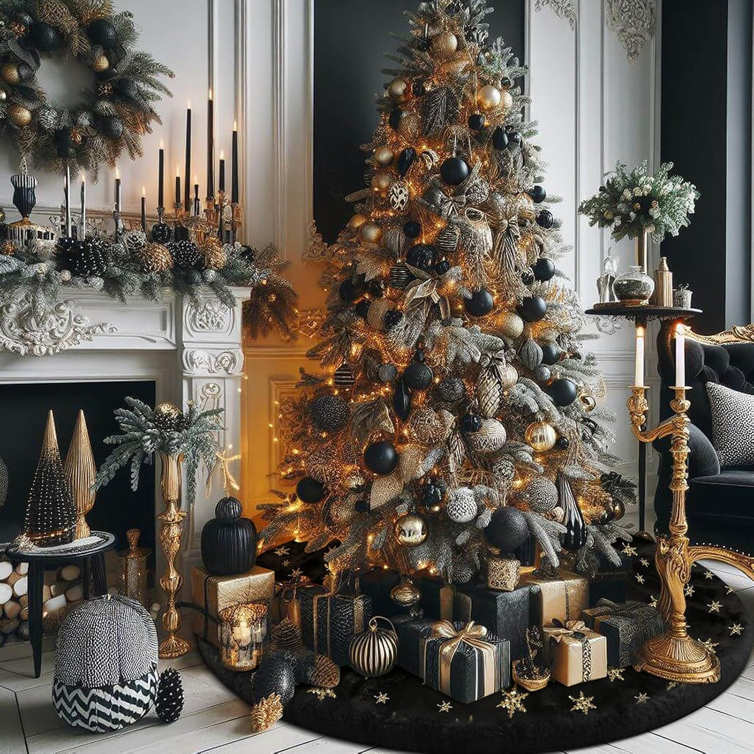 Weihnachtsbaumdecke Schwarz, 120 cm Grosser Weihnachtsbaum Rock Schwarz Kunstpelz mit Silbernen Gold