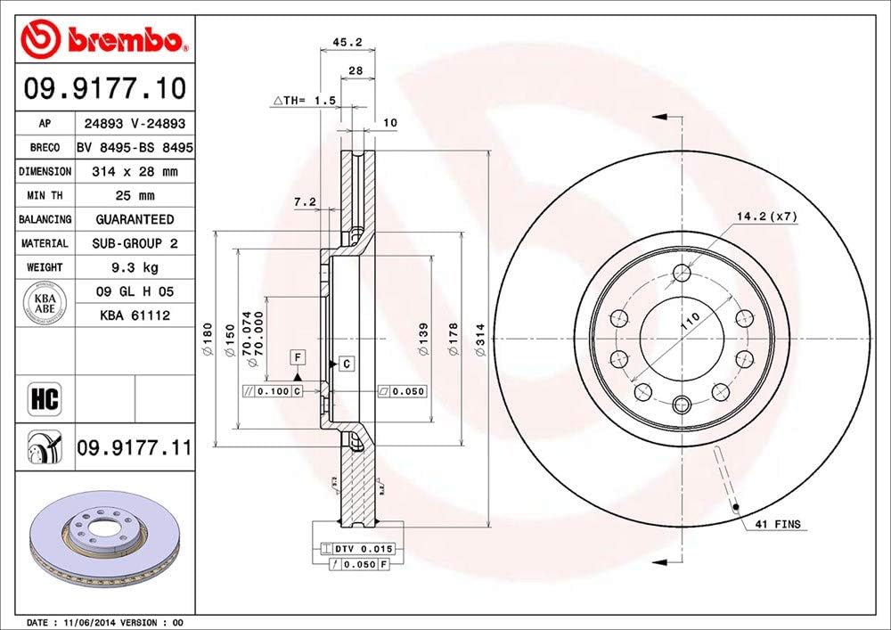 Brembo 09.9177.11 Vordere Bremsscheibe mit UV Lackierung, Anzahl 2