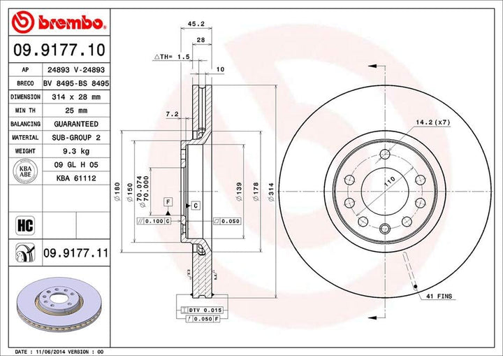 Brembo 09.9177.11 Vordere Bremsscheibe mit UV Lackierung, Anzahl 2