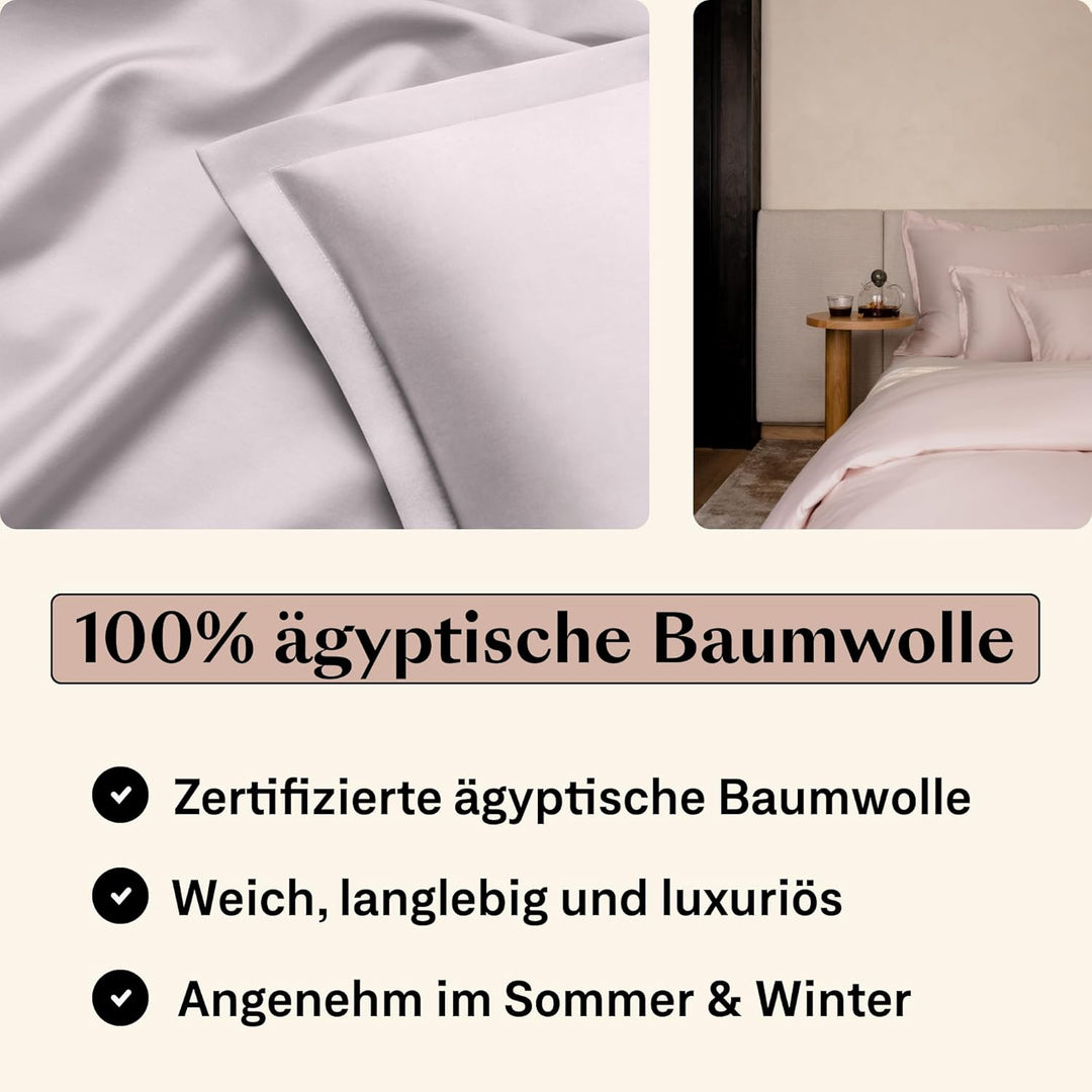 Mako Satin Bettwäsche Set 200x220cm + 80x80cm (2X Kissenbezüge), 100% ägyptische Baumwolle (Zertifiz