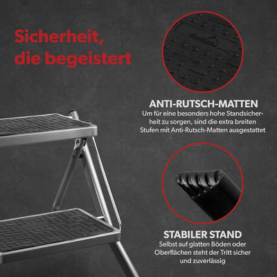 siwitec Mini-Klapptritt aus Stahl 2 Stufen Anthrazit | Kleine Trittleiter mit Anti-Rutsch-Matten | T