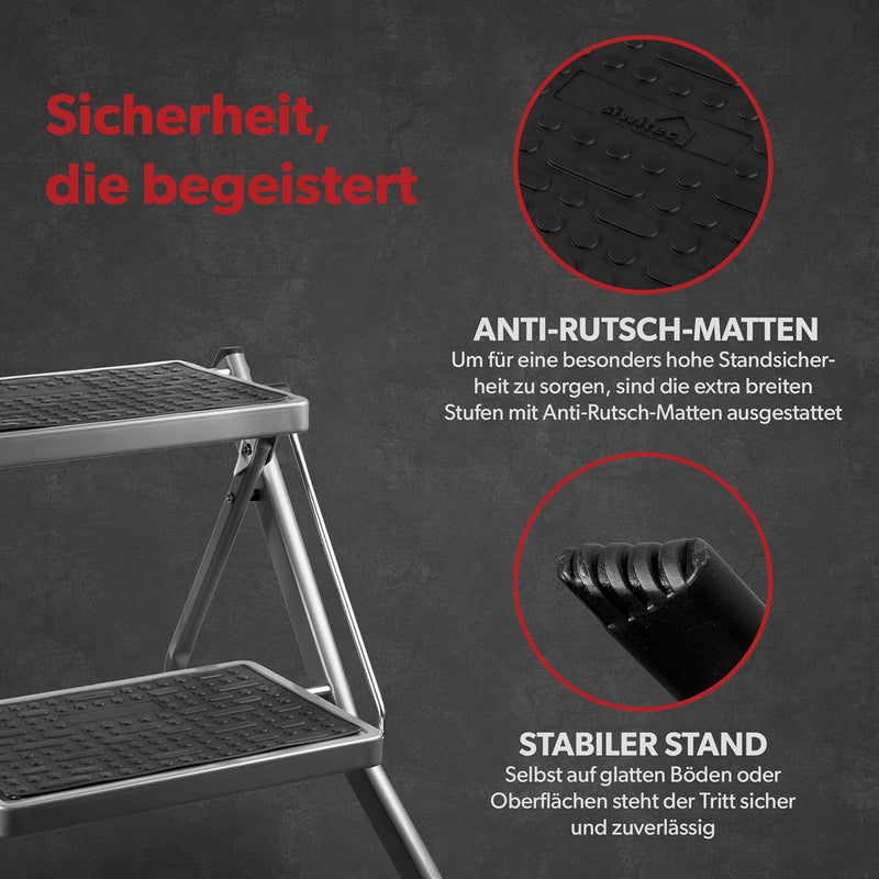 siwitec Mini-Klapptritt aus Stahl 2 Stufen Anthrazit | Kleine Trittleiter mit Anti-Rutsch-Matten | T