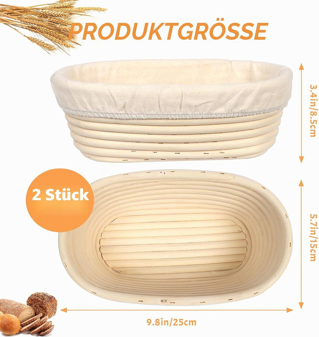 2pcs Gärkörbchen Oval 25 cm, Brotbackkorb zum Backen, Gärkorb Brot Set für Anfänger und Erfahrener B