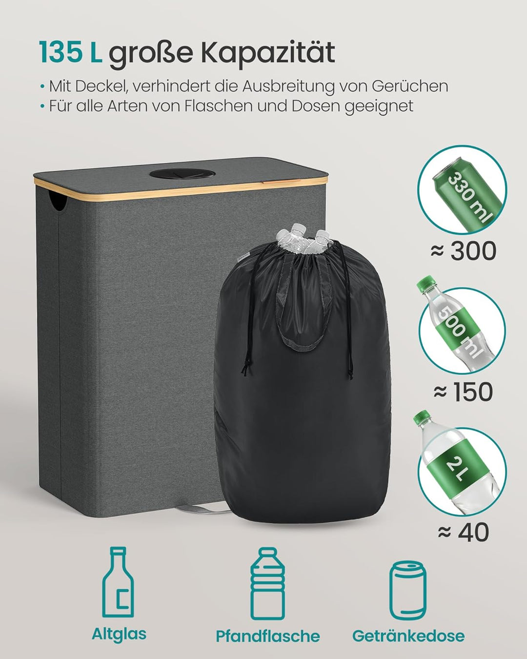 SONGMICS Pfandflaschen-Sammelbehälter, 135 L Pfandflaschen-Behälter, Flaschensammler Leergut, Recycl