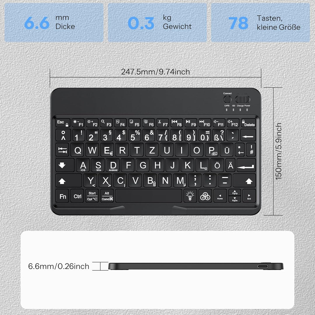 OMOTON Bluetooth Tastatur mit Grossem Druck für iOS/Android/Windows, QWERTZ Kabellose Tastatur für i