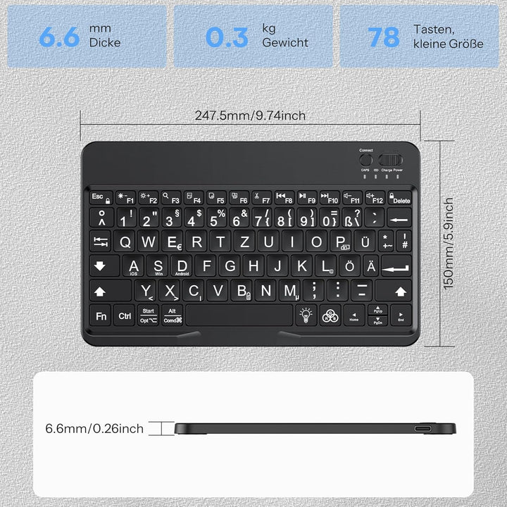 OMOTON Bluetooth Tastatur mit Grossem Druck für iOS/Android/Windows, QWERTZ Kabellose Tastatur für i