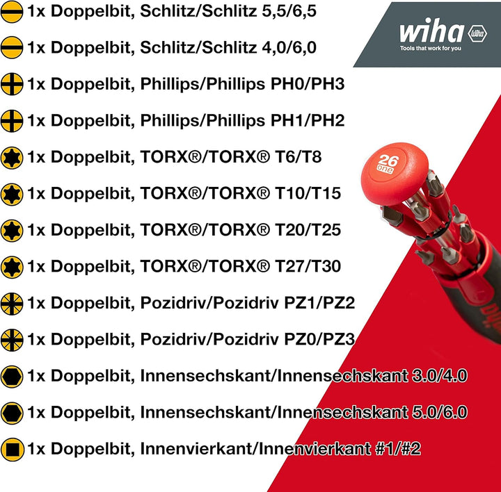Wiha LiftUp 26one® Schraubendreher 13-tlg. mit Doppelbit Set im Griff I Bithalter I Innenvierkant, I