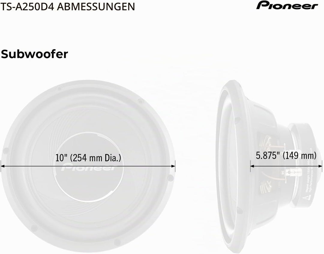 Pioneer TS-A250D4 Subwoofer mit Doppelschwingspule für den Gehäuseeinbau (1.300 W), 25 cm/10", IMPP