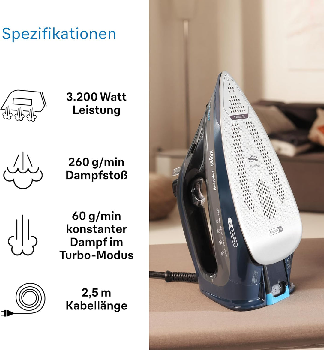 Braun TexStyle 9 SI9682 DB Dampfbügeleisen mit FreeGlide 3D Technologie, Vertikaldampf, Anti-Tropf-F