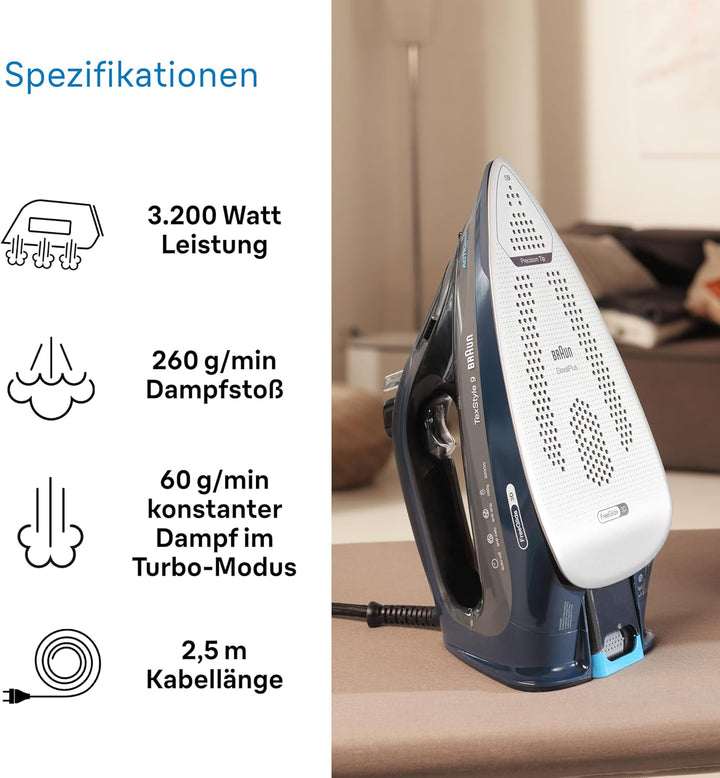 Braun TexStyle 9 SI9682 DB Dampfbügeleisen mit FreeGlide 3D Technologie, Vertikaldampf, Anti-Tropf-F