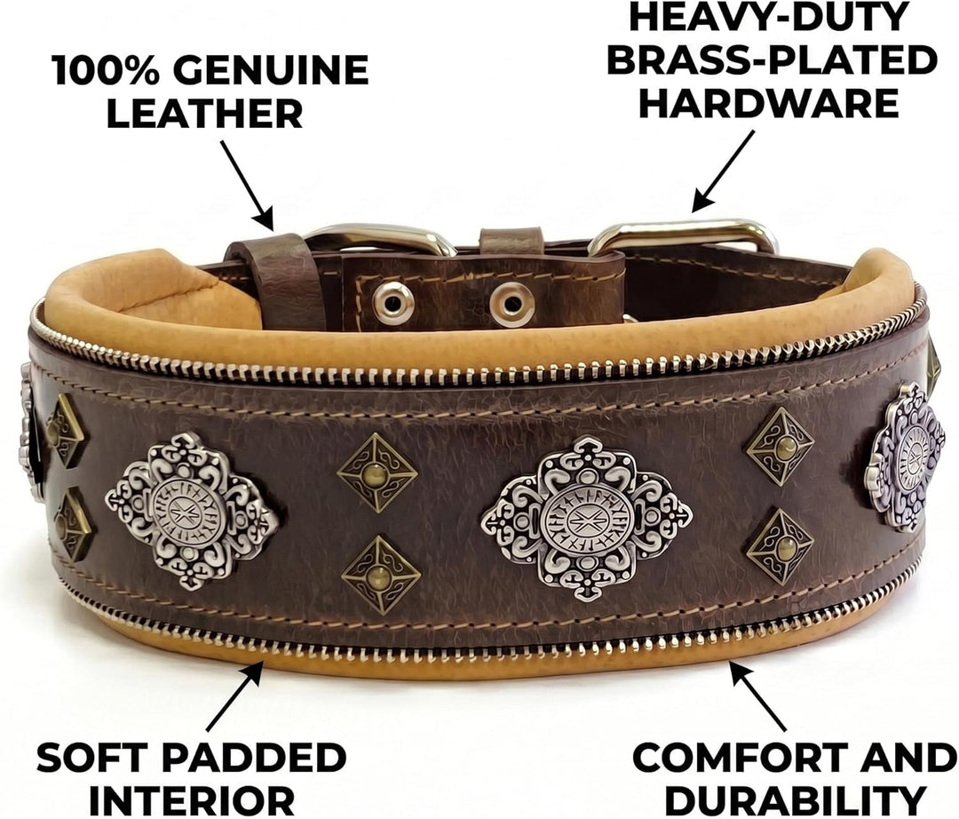 Bestia™ "Aztec Echtleder Hundehalsband für grosse Hunde. 100% Leder. Weich gepolstert. 6,3 cm breit.