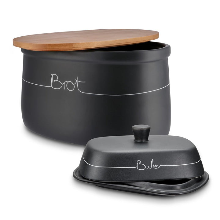 KHG Brotkasten Butterdose Set 2-teilig, Keramik Steingut poliert, Anthrazit Grau, Holz Deckel Bambus