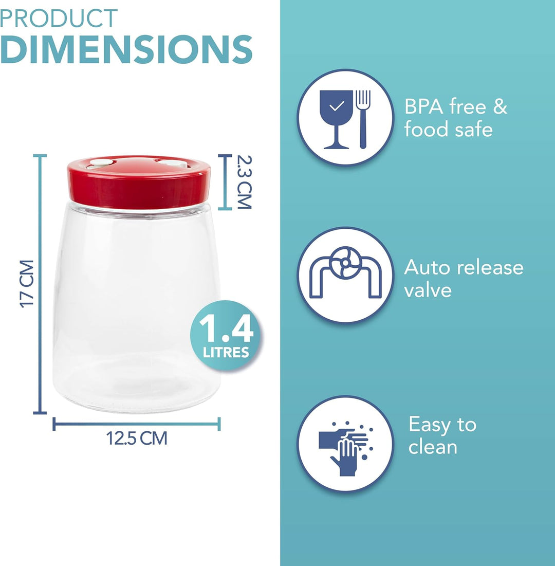 HEFTMAN Gärglas mit Entlüftungsventil mit 1-Wege-Entlüftung – 1,4 l Gärglas für Kefir, Kimchi, Sauer