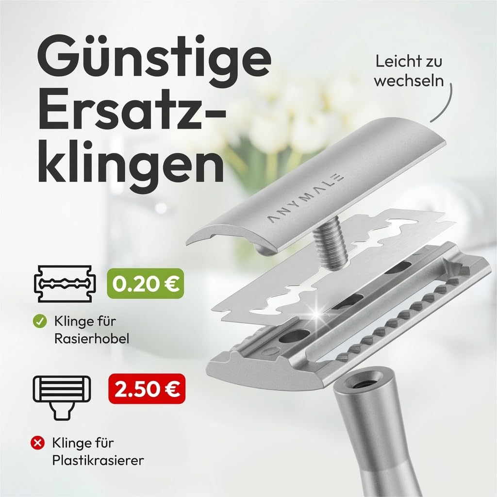 Rasierhobel Silver Edition - Set mit Ständer und 5 ASTRA Klingen - Zero Waste Rasierer aus Metall 4.