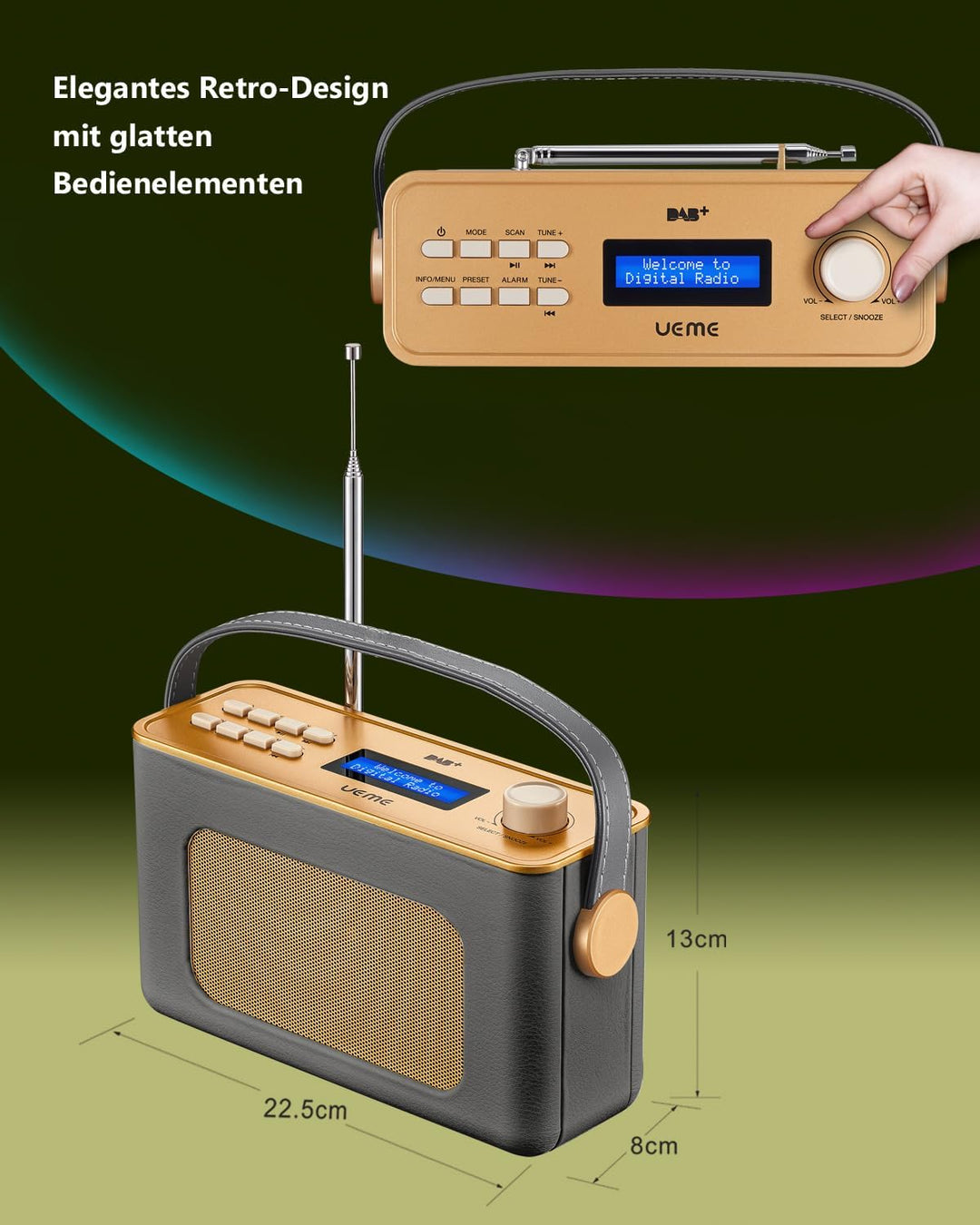 Tragbarer Retro Design DAB Plus/FM Radio, Bluetooth Lautsprecher DAB + Radio mit Wiederaufladbarer L