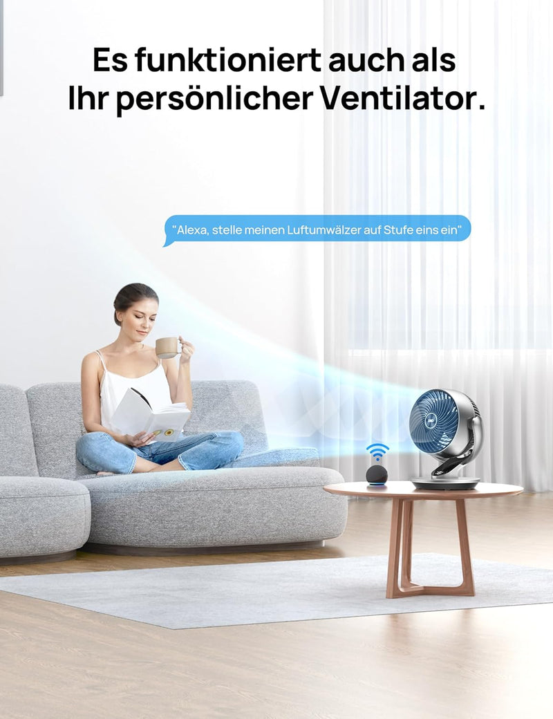 Dreo 28dB Leiser Smart Tischventilator, 18cm Durchmesser 4 Geschwindigstufen 5 Modi 12H Timer 120°+9