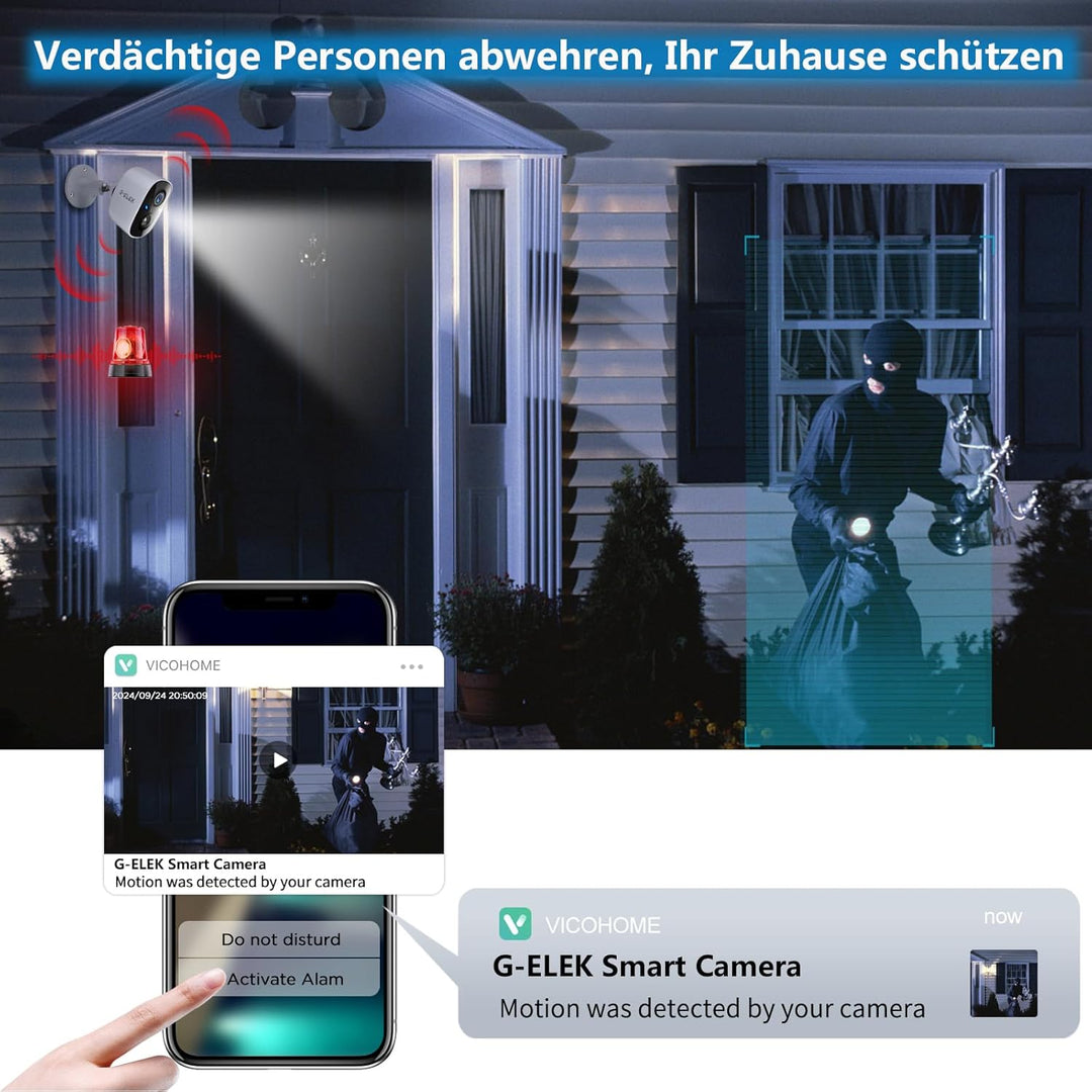 G-ELEK Überwachungskamera Aussen Akku, WLAN Kabellose Aussenkamera Wetterfest, 2K 3MP HD, Farbige Na